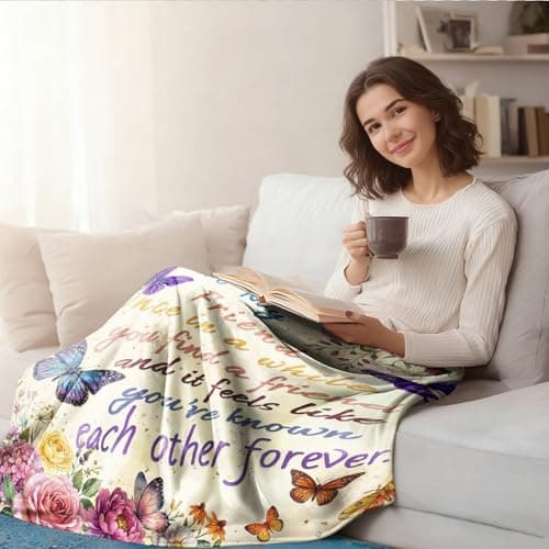 to My Friend Throw Blanket Gifts for Women Sister, Floral Butterfly Flannel Blanket with Inspirational Quote, Friendship Gift for Bestie BFF, Soft Cozy Couch Decor Birthday 50"x60" - Thumbnail 2