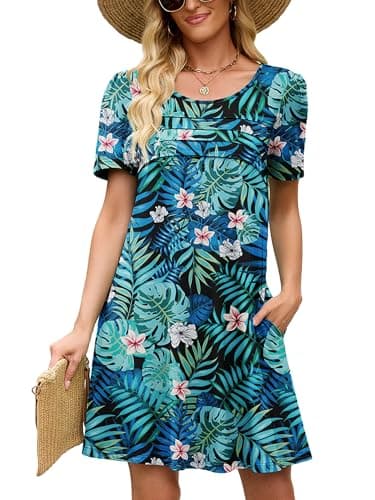 Heymoments Women Short Sleeve Dress Floral Print Medium Crew Neck Casual Flowy Cute Above Knee Sundress Comfy Shirt Teachers Summer Travel 2026 Novelty Dresses with Pockets - Image 1
