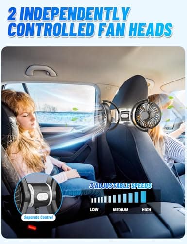 Coepuske Car Fans for Backseat Kids, Dual Head USB Car Fans That Blow Cold Air with Car Charger, Independently Controlled Powerful 360° Rotatable 3 Speeds Car Seat Fan for Vehicles RV SUV Truck - Thumbnail 3