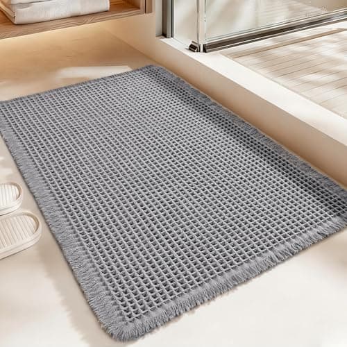 Siyaluens Luxury Waffle Bath Mat, Super Absorbent Non Slip Bathroom Rugs, Boho Ultra Soft Comfort Machine Washable Quick Dry Floor Mats with Tassels (Grey, 17" x 24") - Image 1