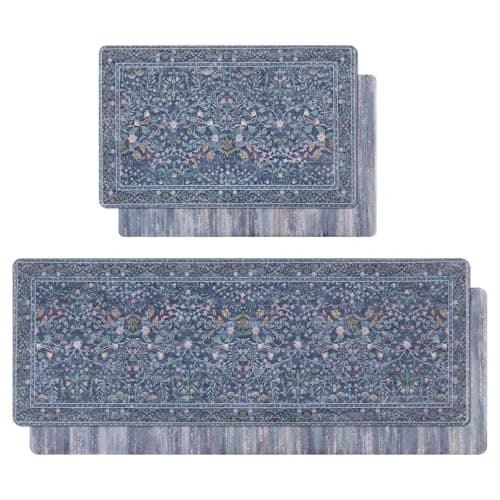 U'Artlines Double-Sided Kitchen Rugs Set of 2,Kitchen Anti Fatigue Mats Non Slip Padded Floor Standing Desk Mat,PVC Waterproof & Stain Resistant Carpet Blue Floral Rugs for Laundry Room Office Sink