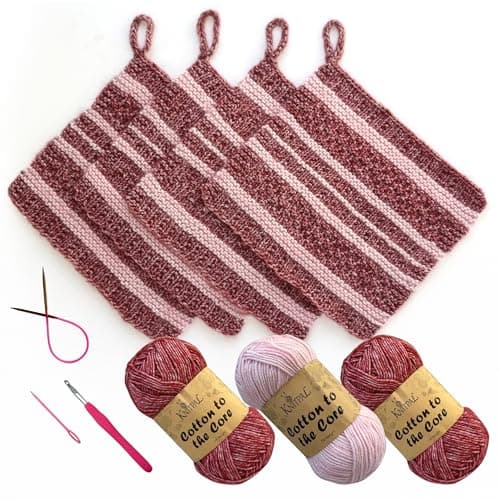 KnitPal Everyday Joy Knitting Kit – Make 4 Reusable Dishcloths for Confident Beginners – Cotton to The Core Yarn (#3 DK), Needles, Patterns & Video Tutorials (Cherry Red + Blush Pink) - Image 1