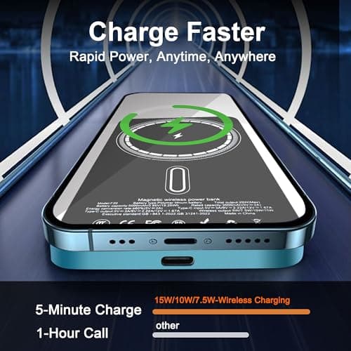 VONUV Magnetic Portable Charger 5000mAh, 15W Ultra Slim Wireless Portable Charger, Fast Charging for iPhone 17/16/15/14/13/12 Pro/Pro Max/Plus, Metal Shell, USB-C Cable to Charge Other Phones (Blue) - Thumbnail 2