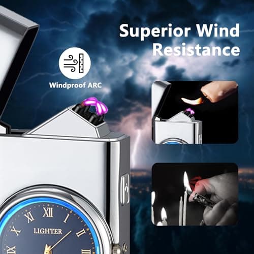TIKIUKI Rechargeable Windproof Arc Lighter with Dual Flame, LED Light, Cool Dial Display, USB Charging – Perfect for Camping, Hiking, BBQ, and Everyday Use(Silvery) - Thumbnail 3