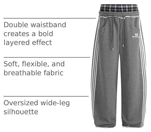 Aelfric Eden Baggy Wide Leg Sweatpants for Women Men Double Elastic Waisted Streetwear Y2K Casual Lounge Pants Trouser with Pockets Dark Grey Medium - Thumbnail 4