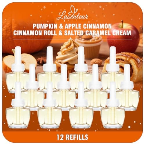 Plug-In Air Freshener Refills 12 Pack – Pumpkin, Apple Cinnamon, Cinnamon Roll & Salted Caramel Cream Scents – Adjustable Home & Bathroom – Compatible with Air Wick & Glade, Not Include Glade Plus