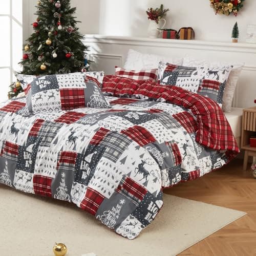 CAROMIO Christmas Comforter Set King Size, Reversible Printed 3 Pieces Bed Set Holiday Decorative Bedding, Soft Microfiber Fabric, 1 Comforter and 2 Pillow Shams (‌Christmas Plaid, King) - Thumbnail 2