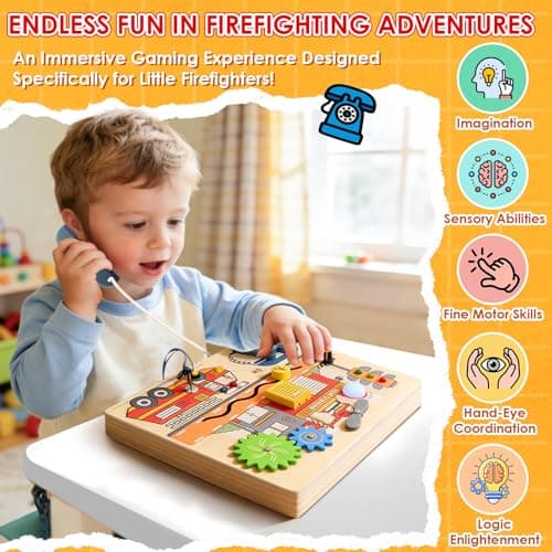 Wdmiya Montessori Busy Board for Toddlers 2-4, Fire Truck Activity Board with LED Lights & Sounds, Wooden Sensory Learning Toy with Rotary Phone, Helicopter & Gears, for 2 3 4 Year Old Boys Girls Gift - Thumbnail 5