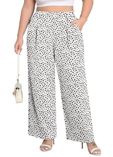 Lastshe Womens Plus Size Pants High Waist Wide Leg Stretchy Trousers Teacher Work Pull on Lounge Palazzo Slacks Summer Outfits,White Leopard,3X
