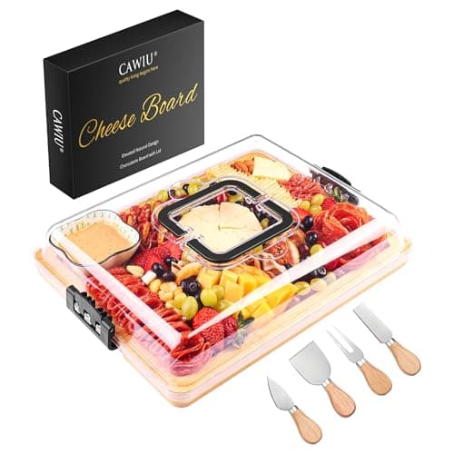 CAWIU Charcuterie Board with Lid and Handle - Portable Travel Design Bamboo Cheese Board Set with 4 Cheese Tools, Gift for Housewarming, Weddings, Picnics(1 Compartment, Black) - Image 1