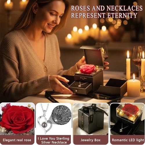 Preserved Red Real Rose, S925 Necklace with Heart I Love You in 100 Languages, Eternal Flowers Rose Birthday Gifts for Women Her Mom Wife Girlfriend on Valentine's Day, Birthday, Mother's Day (Red) - Thumbnail 2