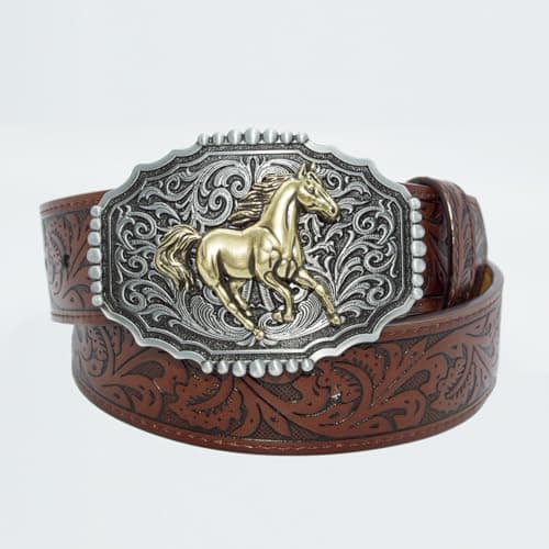EONTISO Western Belt for Women Cowgirl Cowboy PU Leather Belts for Jeans, Floral Embossed Vintage Buckle, HorseBrown L - Thumbnail 3