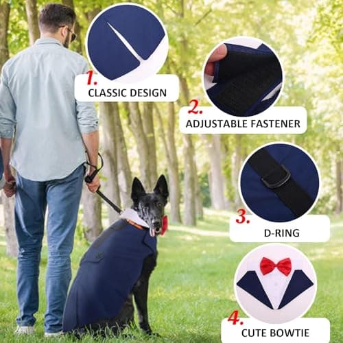 DORA BRIDAL Dog Tuxedo for Medium Dogs, Dog Suit and Bowtie, Formal Dogs Wedding Outfit, Pet Tuxedo and Bandana Set Valentines Birthday Costumes for French Bulldog, Pomeranian, Dachshund, Blue, M - Thumbnail 4