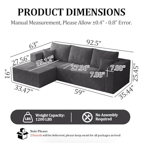92.5" Modualr Sectional Sofa, L-Shaped Corduroy Cloud Couch with Chaise, Upholstered Boneless Couches for Living Room Bedroom, No Assembly Required - Grey(Left Facing Chaise) - Thumbnail 2