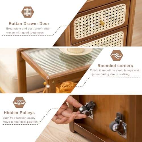 ABAMFUR Bamboo & Rattan Side Table with Glass Top – 2-in-1 End Table and Bedside Cabinet with Drawer Storage for Small Spaces, Bedroom, Living Room,Walnut - Thumbnail 4