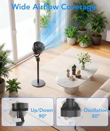 COWSAR Pedestal Fan for Bedroom, 80° Oscillation Standing Fan with Remote, Quiet Floor Fan for Room, Air Circulator Fan with 3 Speeds, 6H Timer, 2 Heights, 90° Vertical, Aroma Box, Black - Thumbnail 4