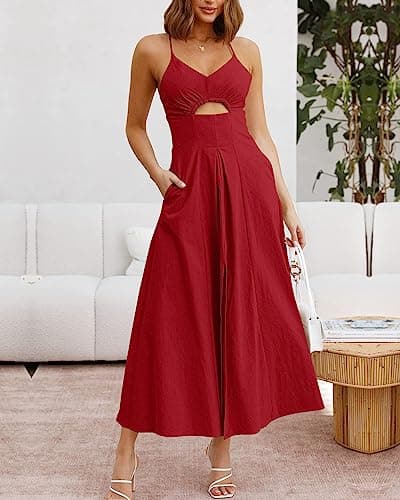 BTFBM Women 2026 Spaghetti Strap Midi Summer Dresses Sleeveless V Neck Cutout Slit Casual Beach Party Maxi Dress Pockets(Red, Medium) - Thumbnail 3