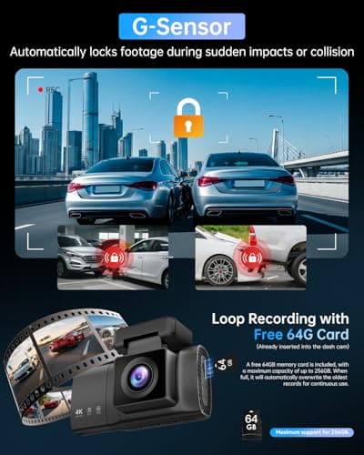 Dash Cam Front and Rear Inside - 3 Channel Dash Cam (4K+1080P+1080P) Built-in 5GHz WiFi APP & 64GB Card - Dashcam with IR Night Vision - Dash Camera for Cars Parking Mode G-Sensor Loop Recording(X7) - Thumbnail 6