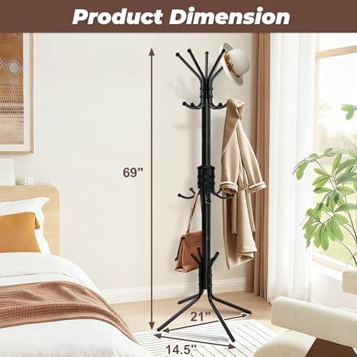 Outspurge Metal Coat Rack, Freestanding Coat Tree & Hall Tree with 15 Hooks, Sturdy Coat Rack Stand and Hat Rack, Coat Hanger for Entryway, Bedroom, Office for Jackets, Hats, Bags,Black - Thumbnail 3