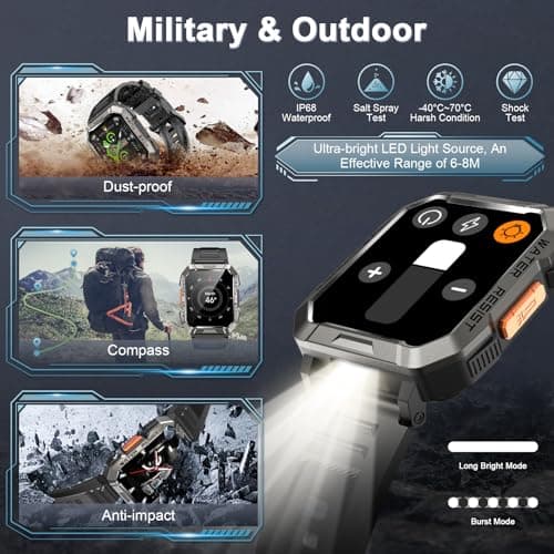 Military Smart Watch for Men(Answer/Make Call), Outdoor Sports Smartwatch with Flashlight/100 Days Battery/Compass/Heart Rate/SpO2/Sleep Monitor/2 Straps, Fitness Tracker for iPhone/Android Phones - Thumbnail 2