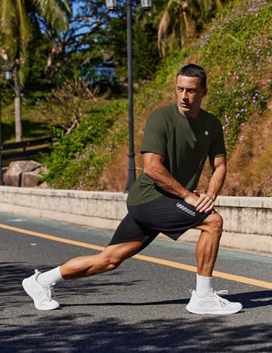 PINSPARK Men's Workout Athletic T-Shirts Moisture Wicking Cooling Running Shirts Short Sleeve Performance Tee Tops for Gym Tennis XL Army Green - Thumbnail 2