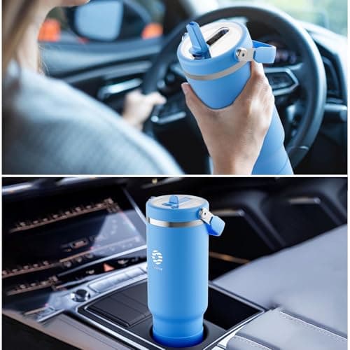 Fjbottle Insulated Stainless Steel Coffee Tumbler with Flip Straw, 40 Oz Hot Coffee Cup Travel Mug, Ice Cube Water Flask Leak Resistant Lightweight for Traveling & Home, Casual, Blue - Thumbnail 5