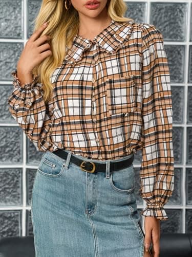 Tankaneo Womens Peter Pan Collar Button Down Shirts Long Sleeve Plaid Blouse Dressy Casual Fall Tops Brown - Thumbnail 2