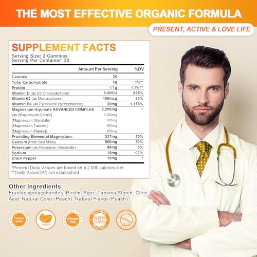 GREENPEOPLE Magnesium Glycinate Gummies with Citrate 1000mg, Taurate & Matale - Sugar Free - Magnesium Potassium Supplement with Vitamin D, K2 for Calm Mood & Zzz Support - 60 Peach Gummies - Thumbnail 5