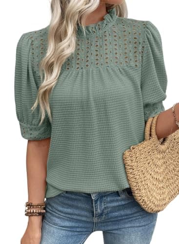 EVALESS Spring Tops for Women Blouses 2026 Summer Outfits Womens Boho Waffle Knit Puff Sleeve Shirts Eyelet Hollow Out Ruffle Mock Neck Blouse Trendy Clothes,Light Green Medium - Image 1