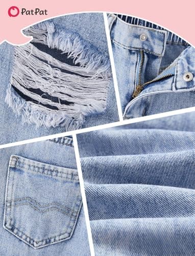 PATPAT Baggy Girls Jeans Wide Leg Denim Pants Ripped High Waist Elastic Y2K Trendy Jeans for Teens with Pockets Light Blue 13-14Y - Thumbnail 6
