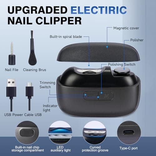 Electric Nail Clipper, 3-in-1 Automatic Electric Nail Clipper with 2 Speeds, Magnetic Cover, Polishing, with LED Light and Nail Scraps Storage, for Kids, Adult, Seniors to Home & Travel Use - Thumbnail 6