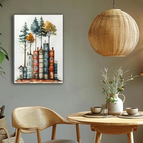 PUUZDGDZ Reading Book Lover's Canvas Wall Art Whimsical Tree House Wall decor pictures Book-shaped house Poster Painting Prints for Gallery Living Room Home Decoration (16inx24in canvas) - Thumbnail 5