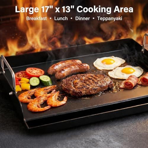 BLUES GRILL PARTS 17" x 13" Nano-Ceramic Nonstick Cast Iron Griddle - Universal Flat Top with Grease Groove, Reinforced Ridges & High Sidewalls, Cooking Skillet Pan for Gas/Charcoal Grills & Stove Top - Thumbnail 4