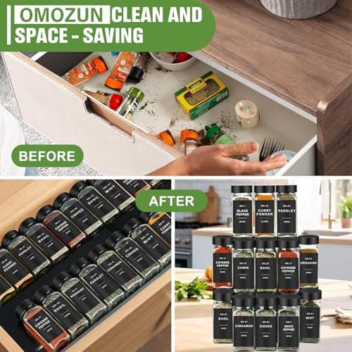 OMOZUN Spice Jars with Label, 12pcs 4oz Glass Spice Jars with Black Lids, Square Spice Containers with 152 Labels and Shaker Inserts, Empty Seasoning Bottles for Drawer, Cabinet, Seasoning Organizer - Thumbnail 5