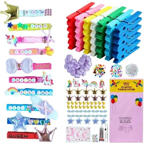 Thamtu 80 Set Cheer Pins DIY Kit Wooden Clothespins for Backpacks with Unicorn Crown Lucky Duck Star Heart Decorations 200 Letter Beads Disposable Table Cloth for Team Cheerleading Cheer Gifts Bulk