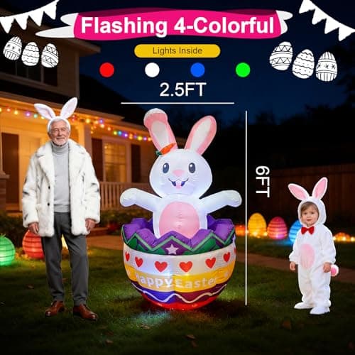 6FT Easter Inflatables Outdoor Decorations with Rotating Colorful Led Lights Inside Eggs,Up And Down Giant Inflatable Waterproof Bunny Blow Up Yard Decor Lawn Patio Lawn Party & Spring Holiday Display - Thumbnail 4