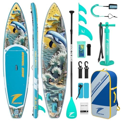 TIDETREK 11'/11'6" x 33"/34" x 6" Inflatable SUP Paddle Board – Extra-Wide, Stable Stand Up Paddle Board with Premium Full Accessory Set for Adults & Youth (Azure Leap, 11'6"x33"x6")