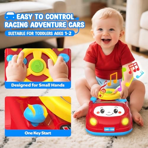 Toys for 1 Year Old Boy Gifts - 2-in-1 Toddler Push Car & Musical Racing Adventure Steering Wheel Driving Game, Interactive Simulated Driving Car for Baby 12-18 Months, Birthday Gift Ages 1-2, Red - Thumbnail 4