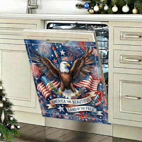 4th of July Decorations Patriotic Dishwasher Magnet Cover 23"x26" - Majestic Bald Eagle & American Flag Kitchen Decor - Land of The Free Fabric Magnetic Refrigerator Panel - Thumbnail 2