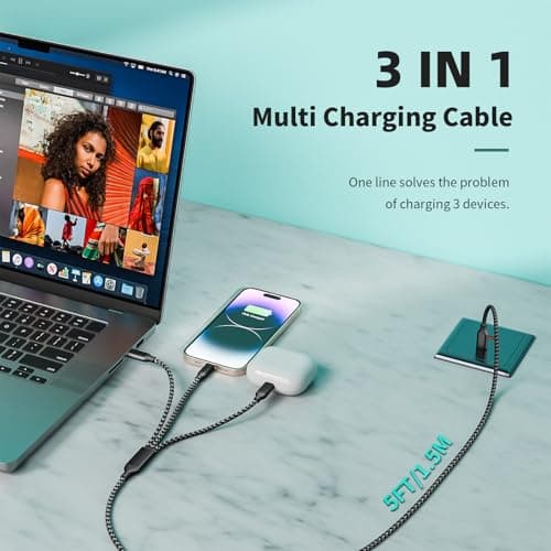 MPATIBY USB C Multi Charging Cable [1Pack 5FT], 3 in 1 Charging Cable Nylon Braided USB-C Multiple Charger Cord with 1 IP Port and 2 Type C Adapter Port for iPhone 17/16 Series/Cell Phones and More - Thumbnail 5