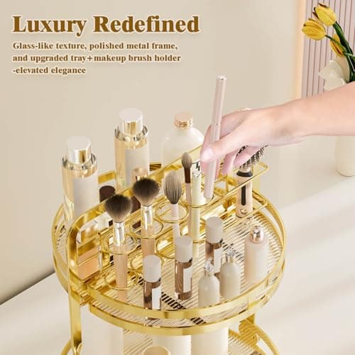 DUANFEE 360° Rotating Makeup Organizer, 2-Tier Gold Perfume Organizer for Dresser, Bathroom Organizer Countertop, Lazy Susan Spinning Perfume Stand Vanity Skincare Storage with Makeup Brush Holder - Thumbnail 3