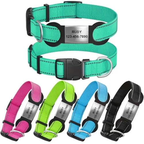 Personalized Reflective Dog Collar, Custom Stainless Steel Name Tag Dog Collar with ID Number Plate 4 Adjustable Sizes X-Small Small Medium Large Quick Release Buckle and D-Ring(Laser)