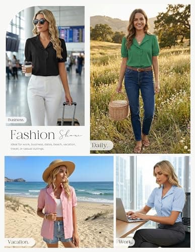 GRACE KARIN Women's 2026 Summer Short Sleeve Tops, Dressy Casual V Neck Blouses, Trendy Button Down Shirts Work Office Pink M - Thumbnail 5