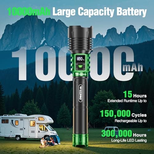 WdtPro Rechargeable LED Flashlights High Lumens, Super Bright 90000LM Rechargeable Flashlight with LCD Display, 5 Modes & Waterproof Powerful 10000mAh 30H Flashlight for Camping Emergency Green - Thumbnail 3