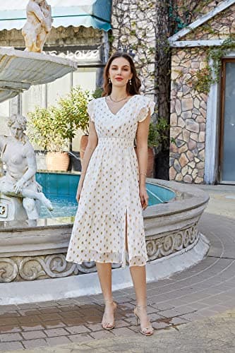 GRACE KARIN 2026 Womens Summer Dresses V Neck Ruffle Sleeve Floral Boho Beach A-Line Dress White-Polka Dot X-Large - Thumbnail 2