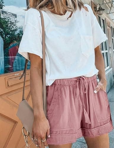 NILOINE Ladies Plus Size Drawstring Shorts Elastic Waist Summer Cotton Shorts Loose Fit Mid Waist Shorts Pants with Pocket(Pink,X-Large) - Thumbnail 2