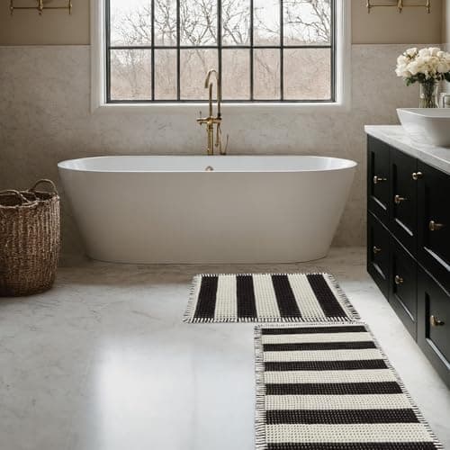 MatEssenz Bathroom Rugs Sets 2 Piece Absorbent Quick Drying Machine Washable,Non Slip, Bathroom Accessories, 17"x24"+18"x30", Black and White Stripes - Thumbnail 3