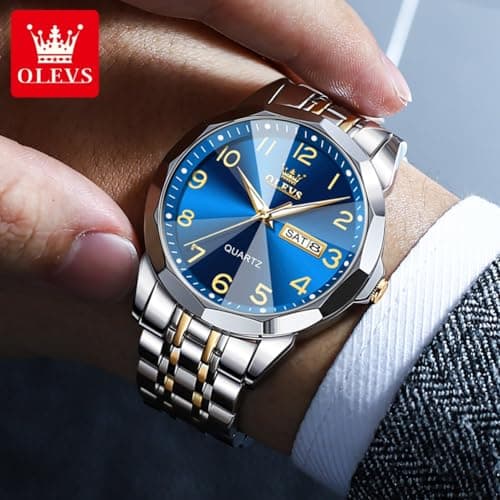 OLEVS Watches for Men Silver Watches for Men Luxury Blue Face Mens Watch Arabic Numeral Dial Stainless Steel Watch Reloj - Thumbnail 3