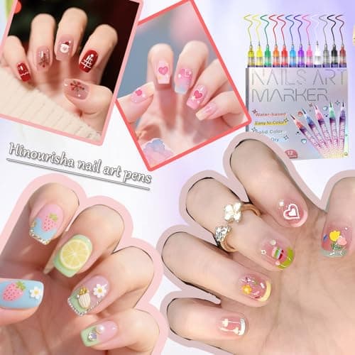 Hinourisha12pcs Nail Art Pens Sets, Nail Art Marker, 0.5mm Fine Tip Easiest Color Pens for Beginners painting nails, Nail Polish Pen Quick-drying Waterproof, Valentines Day Gifts for girls - Thumbnail 5