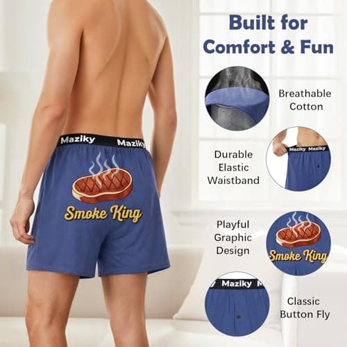 Maziky Funny Boxers for Men Novelty Mens Boxer Shorts Funny Underwear Gag Gift for Adult Christmas Birthday (US, Alpha, Medium, Regular, Regular, Blue-BBQ) - Thumbnail 4